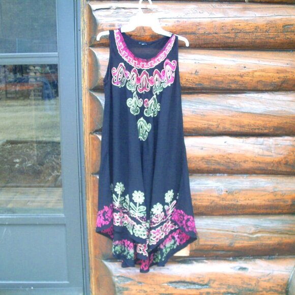 Boho Flowy Sleeveless Tank Style Embroidered Asymmetrical Midi Dress SZ M/L - Picture 1 of 2
